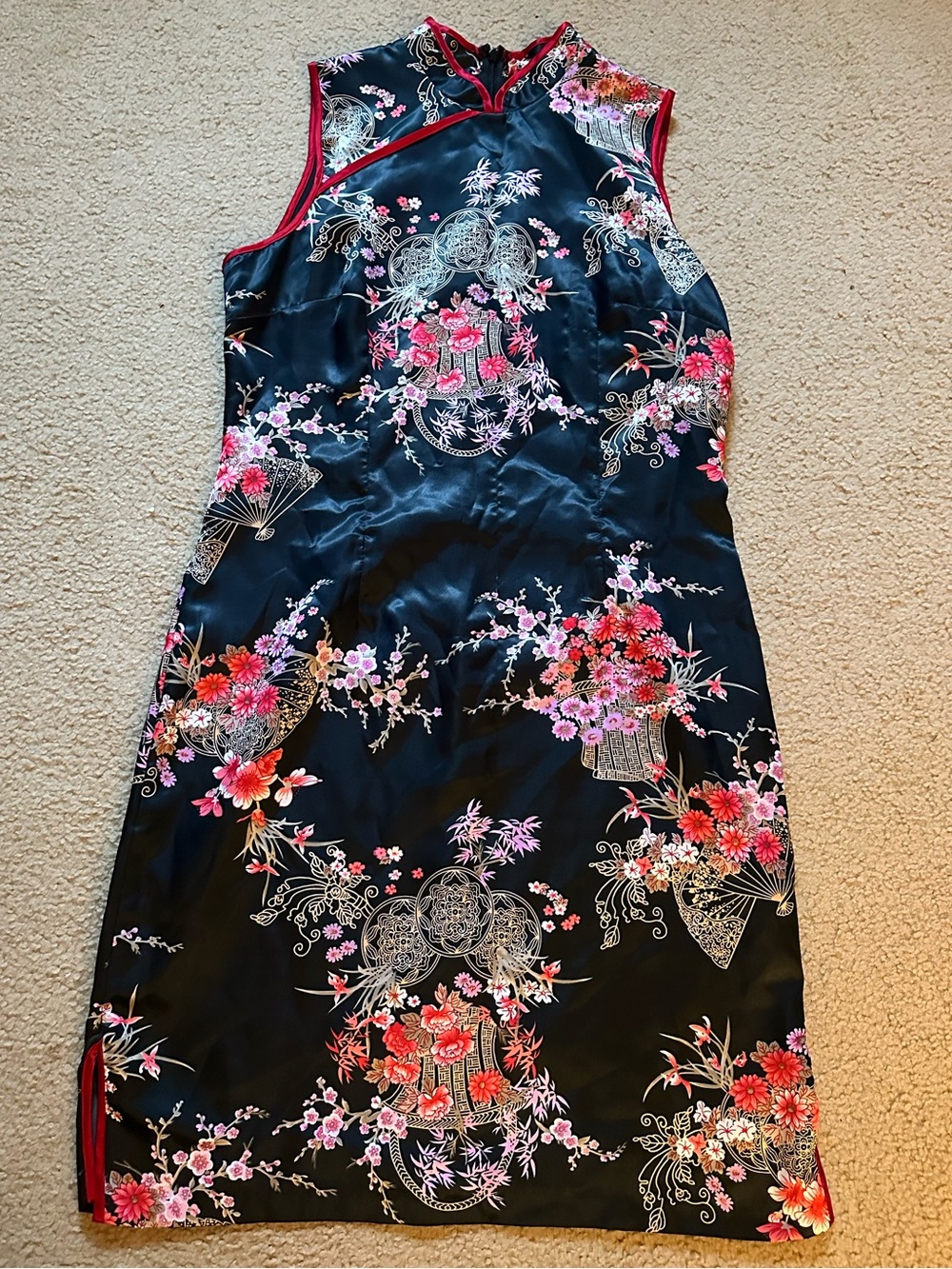 Black Satin Dress with Red Trim and Floral Print
